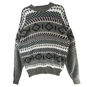 Vintage Together! Knit Sweater Men L Gray Geometric Fair Isle Retro Cozy Grandpa